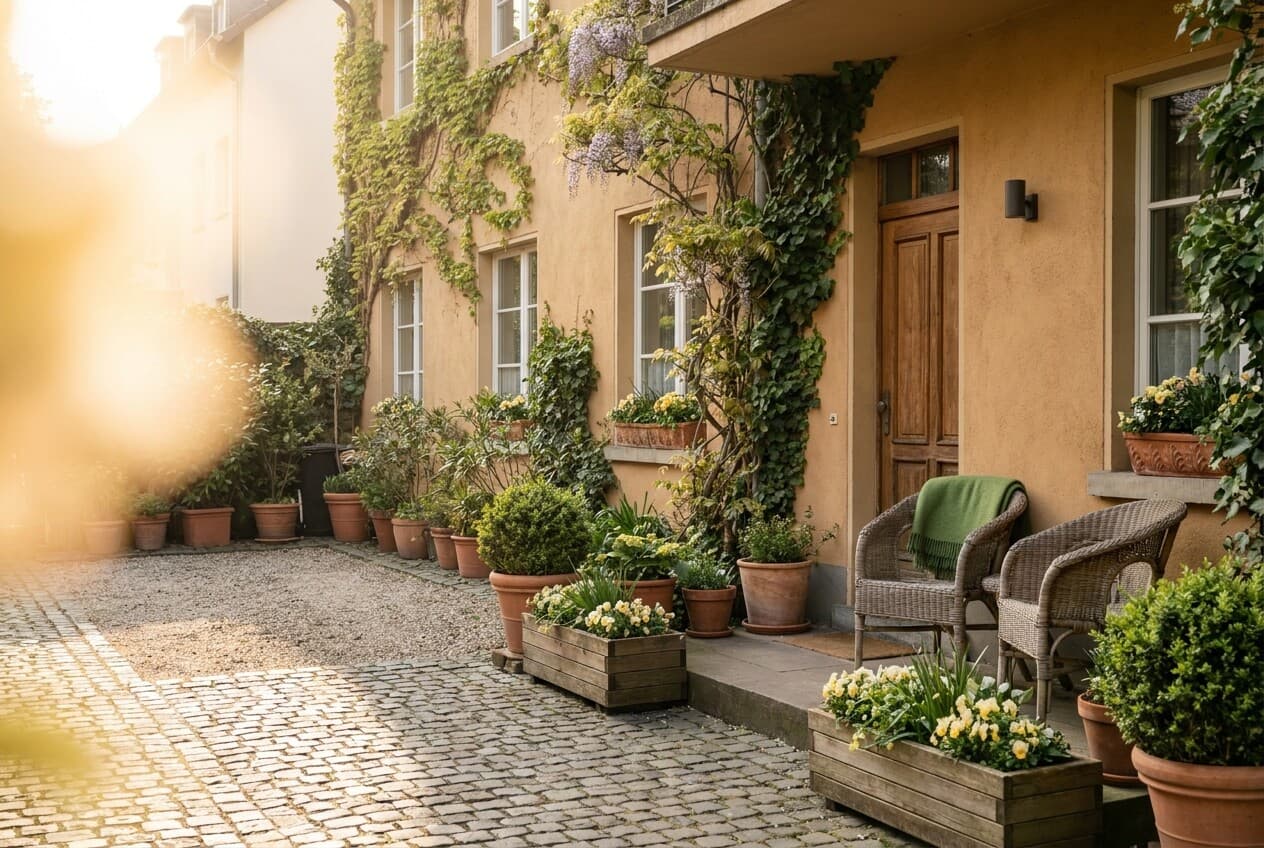 Eingang des Garten Hotels in Bonn-Beuel im Morgenlicht