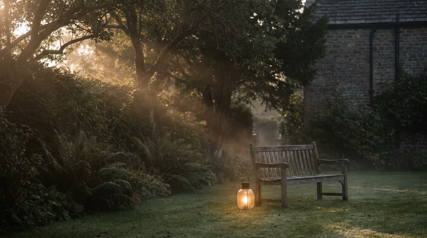 Ruhiger Garten des Hotels im Morgenlicht